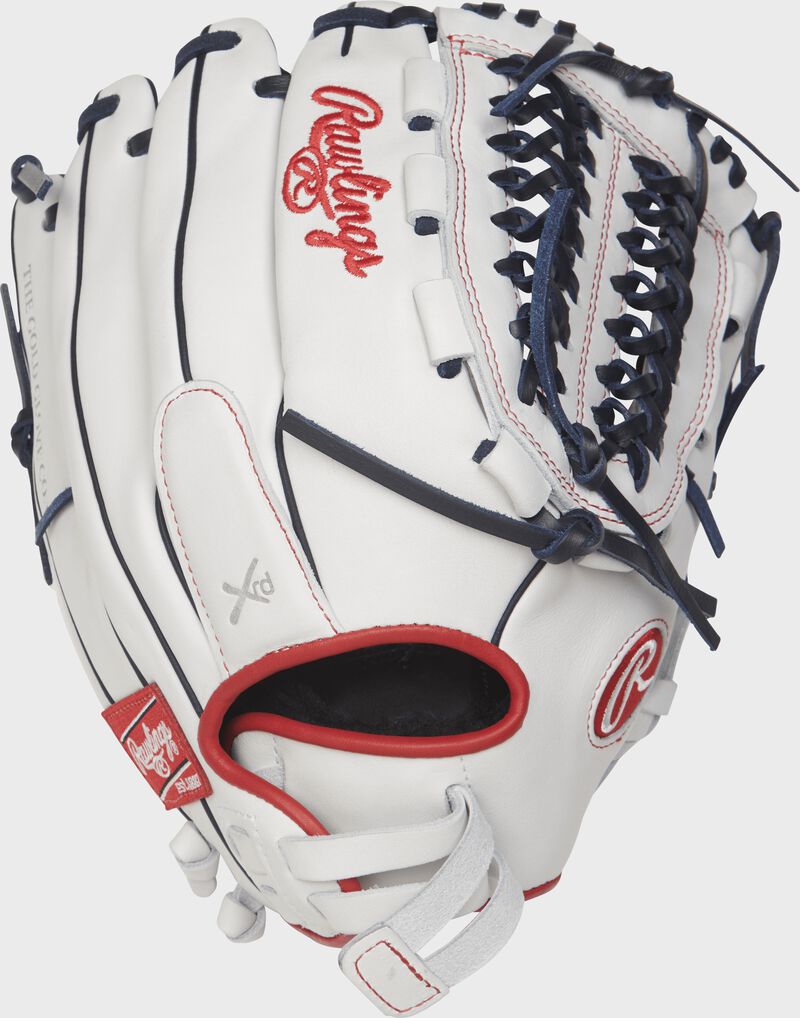 Shell back view of white, navy, and scarlet Liberty Advanced 12.5-in Fastpitch Finger Shift outfield glove