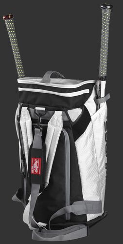 Left angle of a white R601 Rawlings Hybrid players bag with two bats