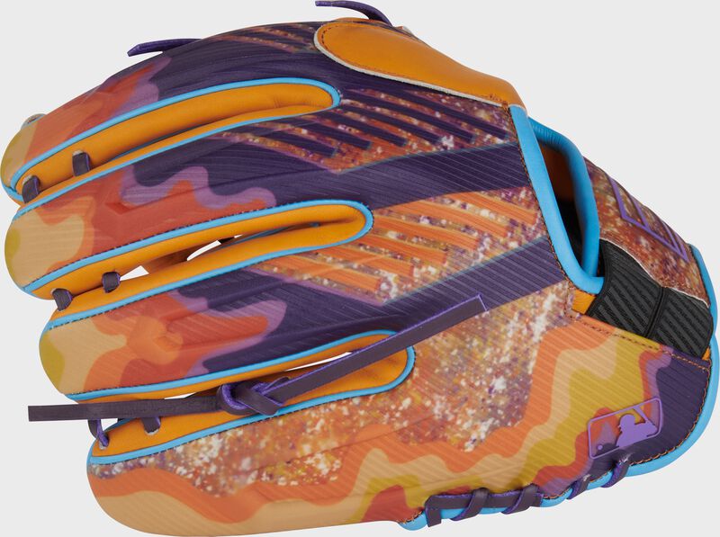 Orange/purple design print back of a REV1X Francisco Lindor infield glove with the MLB logo on the pinky - SKU: REVFL12T