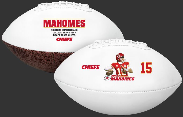 Two images showing both sides of a Patrick Mahomes full size football - SKU: 35341351113