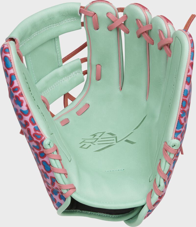 Mint palm of a Rawlings REV1X ColorSync 8.0 glove with pink laces - SKU: REV205-2XM
