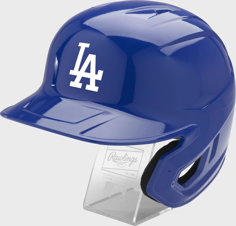 Front left of a blue Rawlings Las Angeles Dodgers replica helmet - SKU: MLBMR-LAD