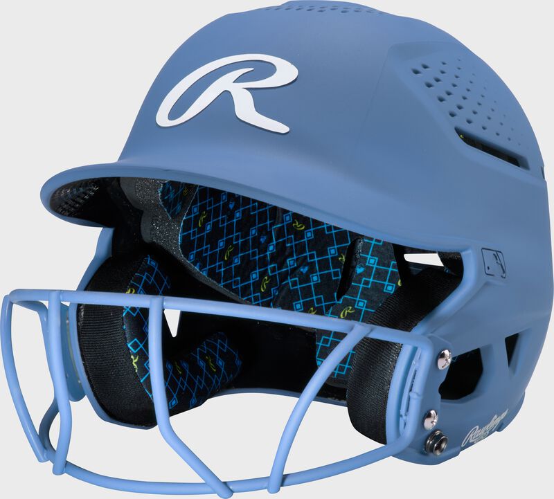 Front left of a Columbia blue Rawlings RX2 fastpitch batting helmet