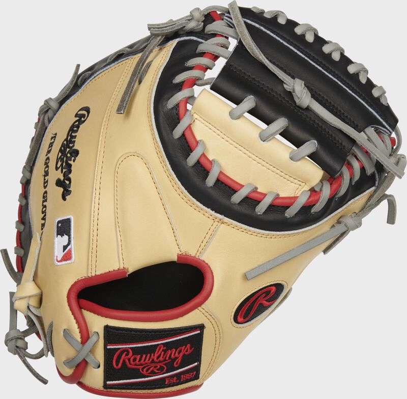Back of a camel 33-Inch Heart of the Hide R2G ContoUR fit catcher's mitt with a black Rawlings patch - SKU: PRORCM33UC