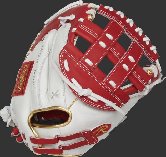 RLACM33FPS 33-inch Liberty Advanced catcher's mitt with a white back, gold binding/welting and adjustable pull strap