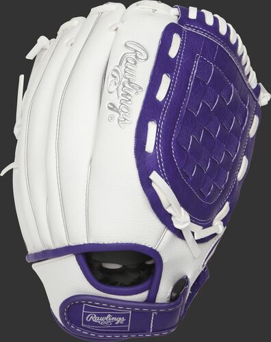 Back of a white 11.5-Inch Basket Web fastpitch softball glove with a purple wrist strap - SKU: ACAFP115PURW