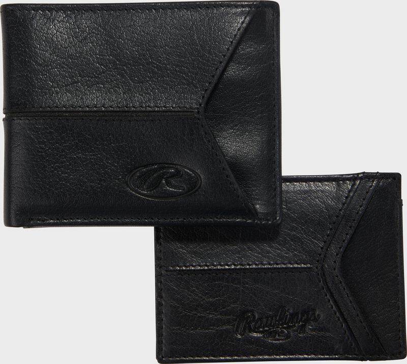 Two images showing both sides of a black Rawlings Home Run bi-fold wallet