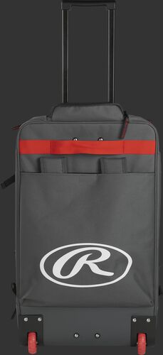Back of a grey/scarlet R1801 wheeled catcher's equipment backpack with a large, white Oval R logo and red wheels