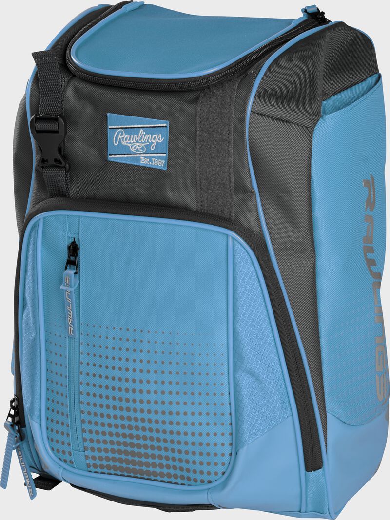 Front angle of a Columbia blue Franchise backpack with gray accents and Columbia blue Rawlings patch logo - SKU: FRANBP-CB