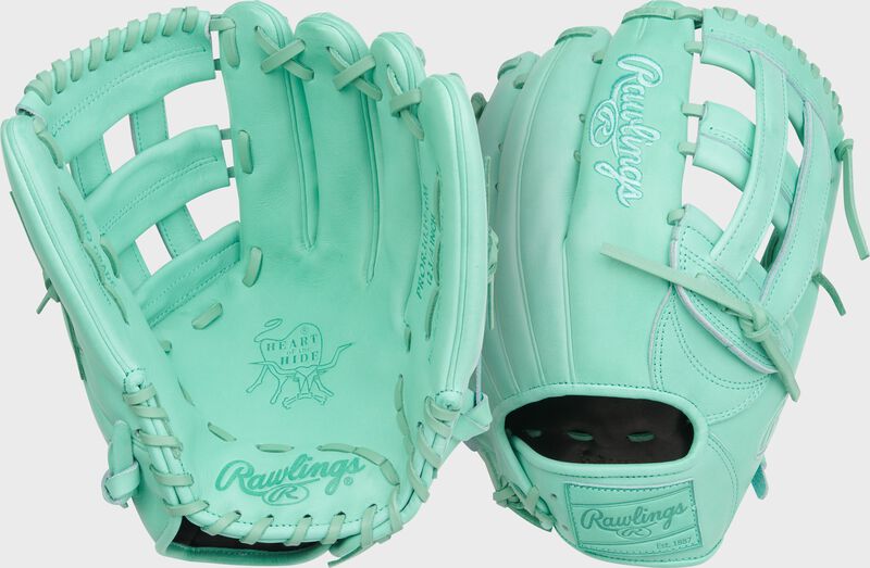Two images showing the palm & back of a Heart of the Hide 12.75-Inch Mint Outfield Glove