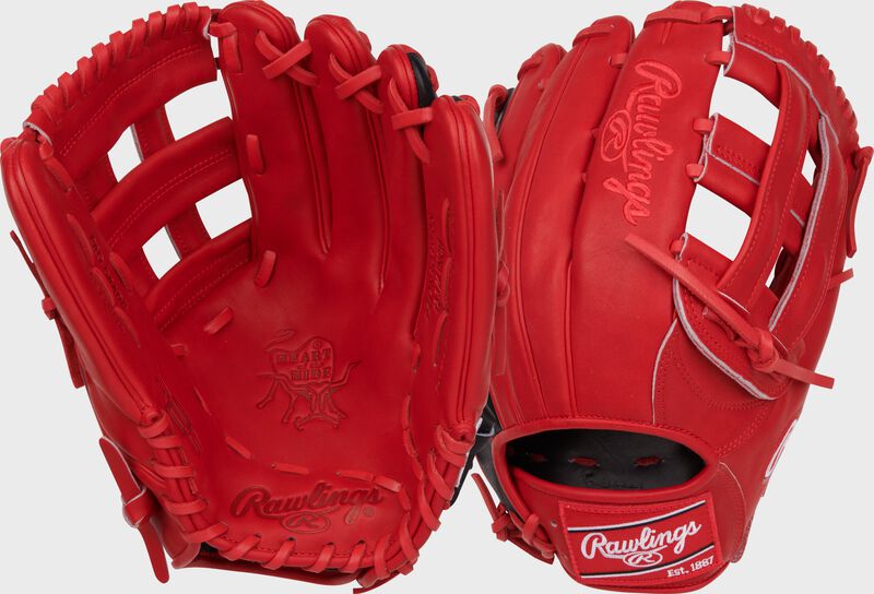 Two images showing the palm & back of a scarlet Rawlings Corbin Carroll Heart of the Hide Outfield Glove