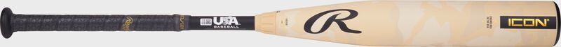 Side image of a Icon USA Baseball bat with the black handle on the left and tan barrel on the right