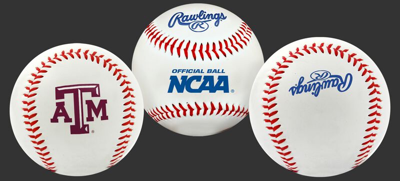 3 views of a NCAA Texas A&M Aggies Baseball with a team logo, NCAA logo and Rawlings logo