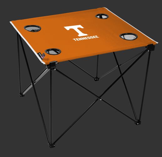 A orange NCAA Tennessee Volunteers deluxe tailgate table with four cup holders and team logo printed in the middle SKU #00713101111