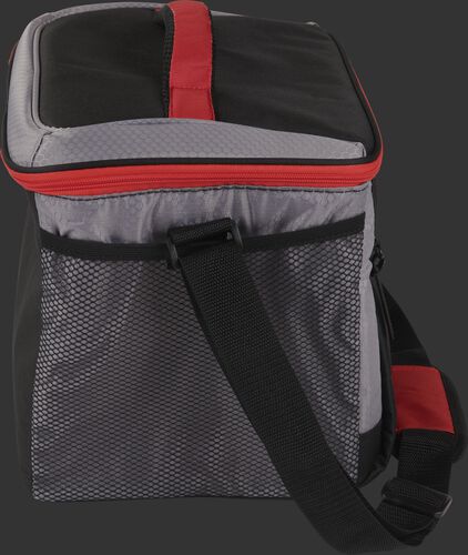 Side of a black Rawlings 24 can soft cooler with a shoulder strap and mesh pocket on the side - SKU: 10224043511