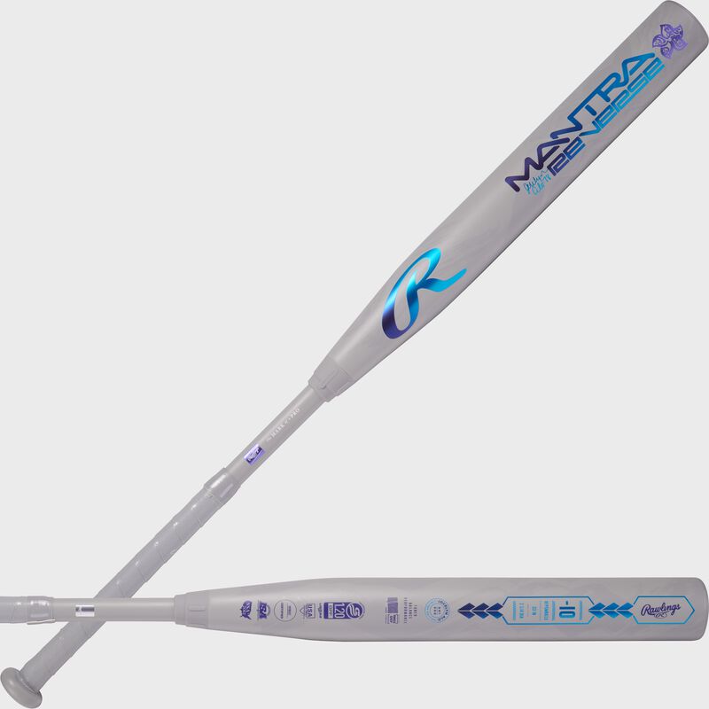 Two images showing both sides of the barrel of a Rawlings Mantra Reverse Alo Edition fastpitch bat