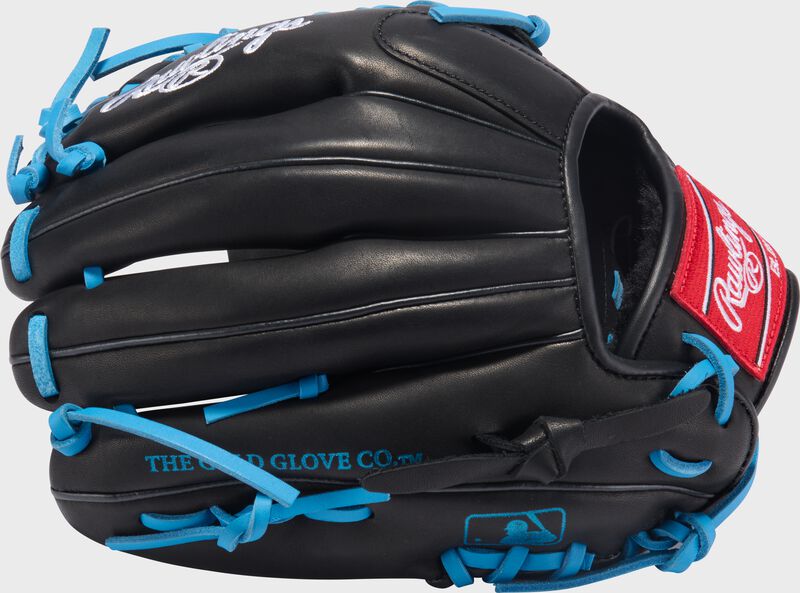 Back of a black Rawlings R9 ContoUR 11.5-Inch Baseball Glove with the MLB logo on the pinky loading=