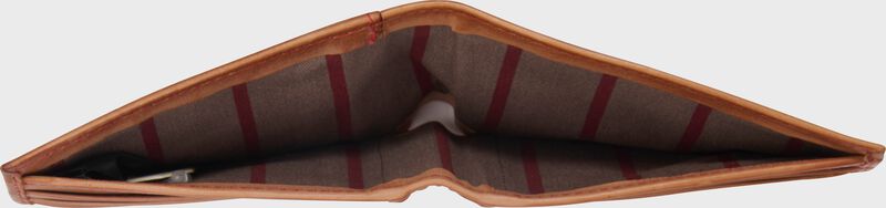 Top view showing the inside of a tan Rawlings Double Play bi-fold wallet opened up