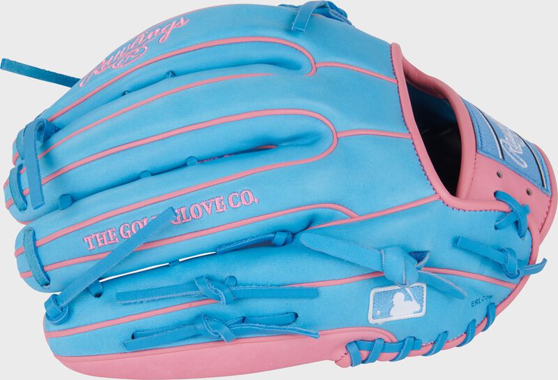 Back of a Columbia blue Heart of the Hide 12.75-Inch Modified Trap-Eze Web Glove with the MLB logo on the pinky