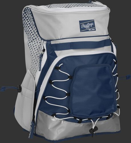Front right of a white/navy R800 softball backpack