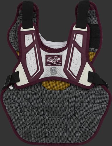 Back harness of a maroon/white CPV2N adult Velo 2.0 chest protector with Dynamic Fit System 2.0
