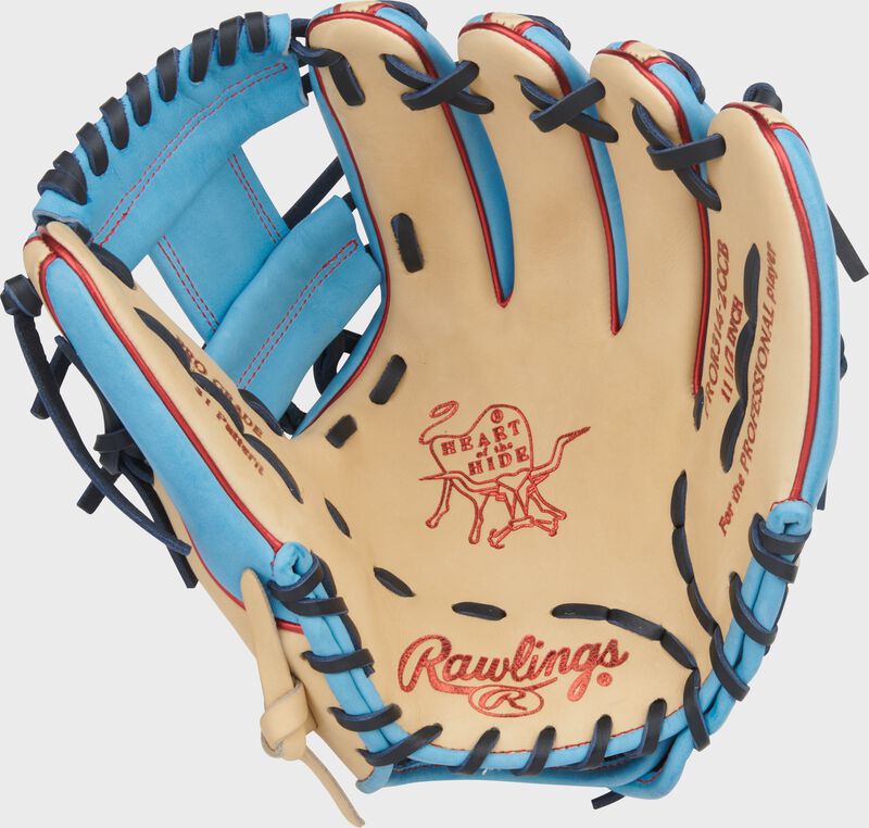 Camel palm of a Heart of the Hide 11.5-Inch Infield Glove with scarlet stamping and navy laces