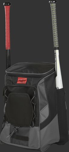 Front left of a gray/black R600 Rawlings players equipment backpack with two bats
