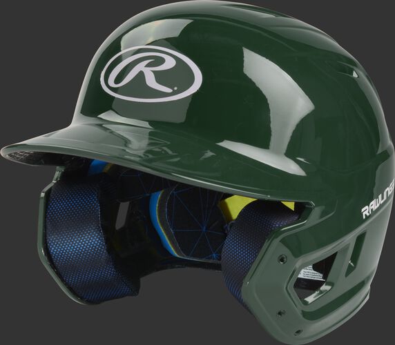 Left angle view of a Rawlings MACH Junior helmet with a one-tone matte dark green shell