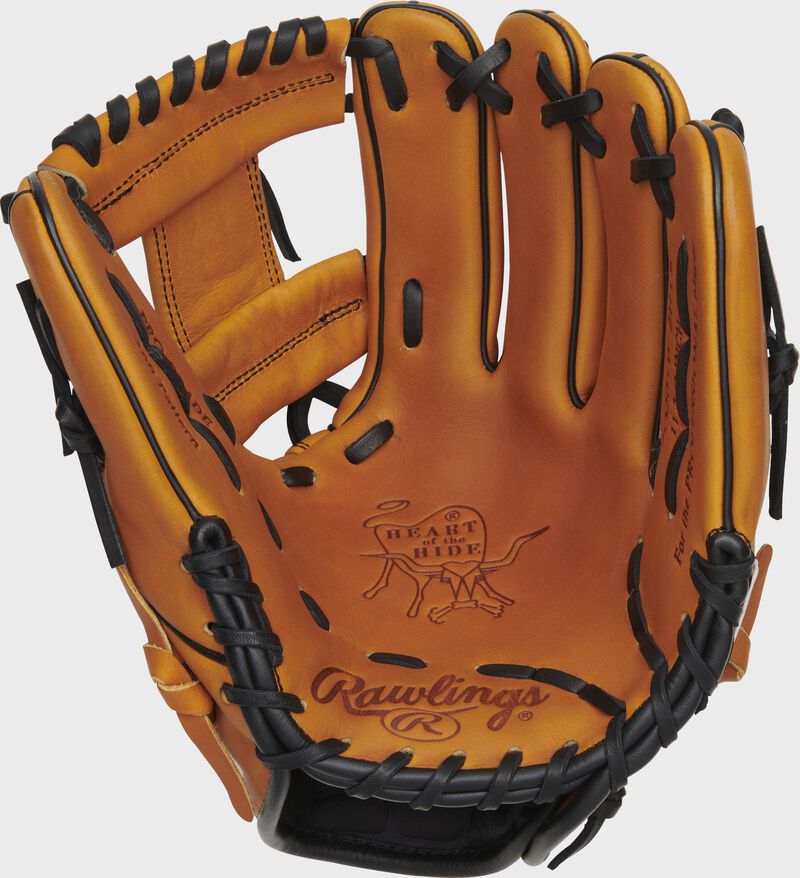 Horween tan palm of a Heart of the Hide Horween tan glove with a tan web and black laces - SKU: PRO205W-2HTB