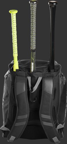 Back of a gray Rawlings Legion baseball bag with 3 bats in the bat storage sleeve - SKU: LEGION-GR