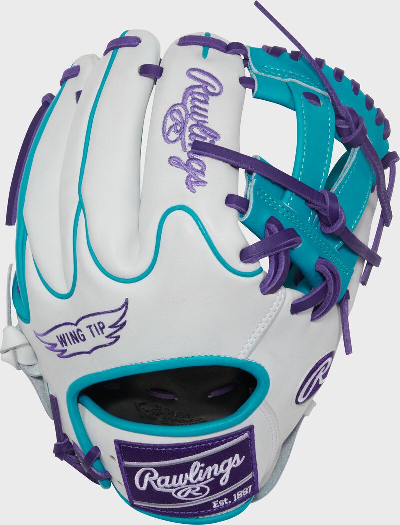 White back of an Exclusive Heart of the Hide R2G Wing Tip 11.5-inch Infield Glove with a purple Rawlings patch