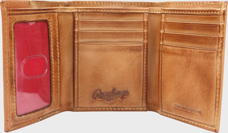 Inside of a tan RW80003-204 Rawlings tri-fold wallet with 6 credit card slots and clear ID window on the left