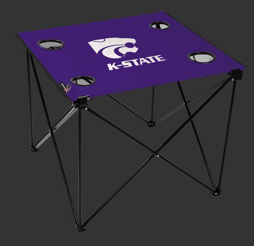 A purple NCAA Kansas State Wildcats deluxe tailgate table with four cup holders and team logo printed in the middle SKU #00713033111