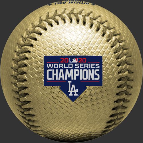 The Los Angeles Dodgers World Series champions logo stamped on a gold replica baseball - SKU: 35010032286