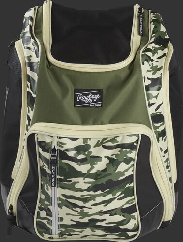A camo Legion backpack with a black Rawlings patch on the front - SKU: LEGION-CAMO