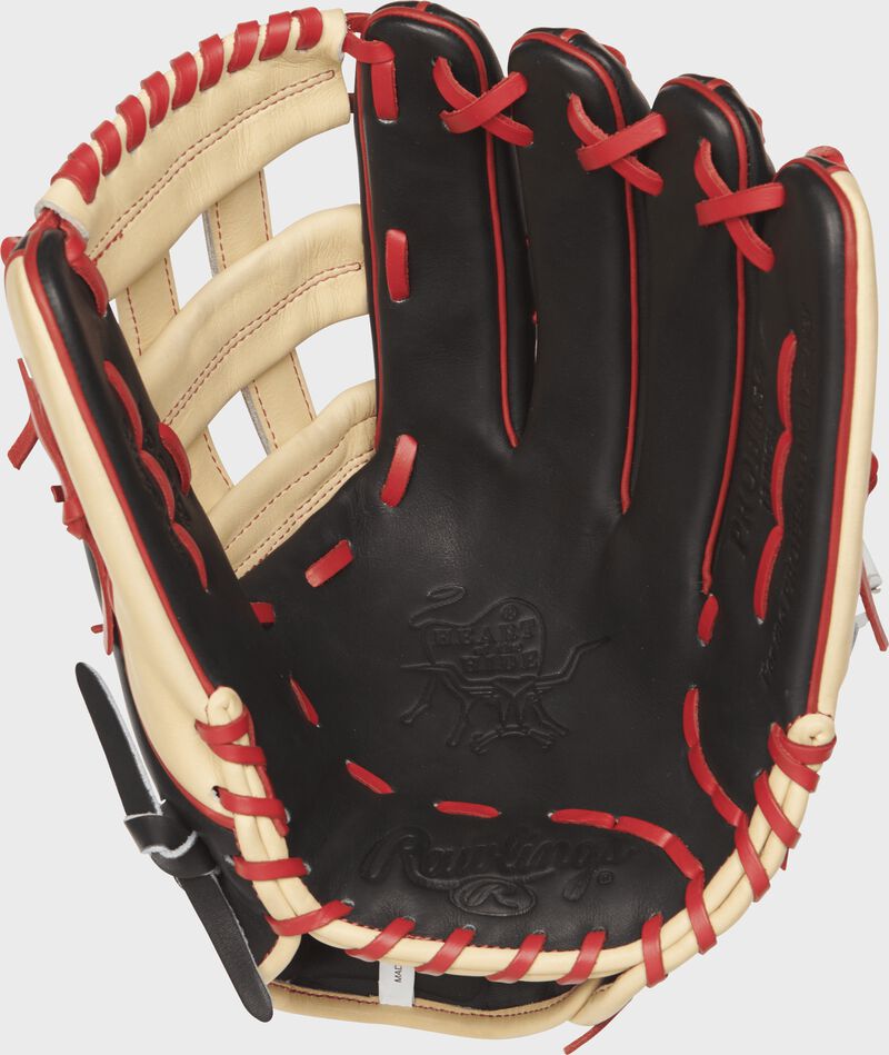 PROBH34 Heart of the Hide outfield glove with a black palm and scarlet laces