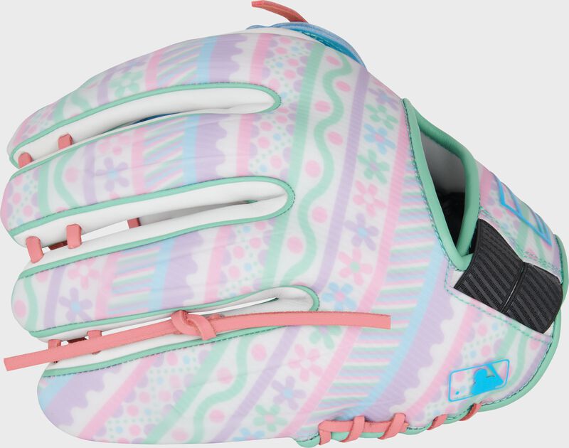 An Easter egg print back of a REV1X 11.75" infield glove with the MLB logo on the pinky - SKU: REV205-6W