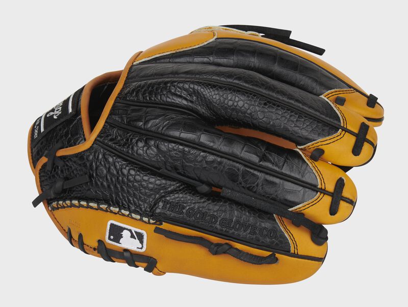 Black Croc embossed leather back of a Pro Preferred leather glove with the MLB logo on the pinkie - SKU: PROS205-30TC loading=
