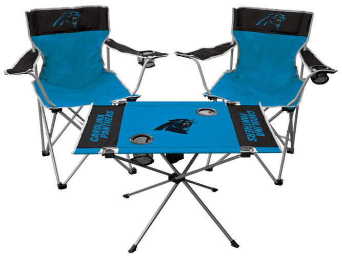 Front of Rawlings Blue and Black NFL Carolina Panthers 3-Piece Tailgate Kit With Two Kickoff Chairs, An Endzone Table, And A Transport Bag With Team Logo SKU #01041090511