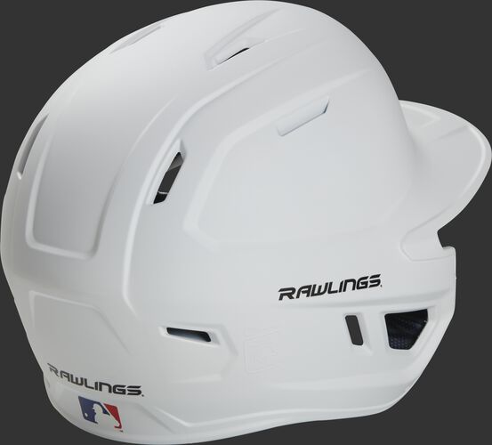 Back right of a matte white MACHEXTR Rawlings junior size batting helmet