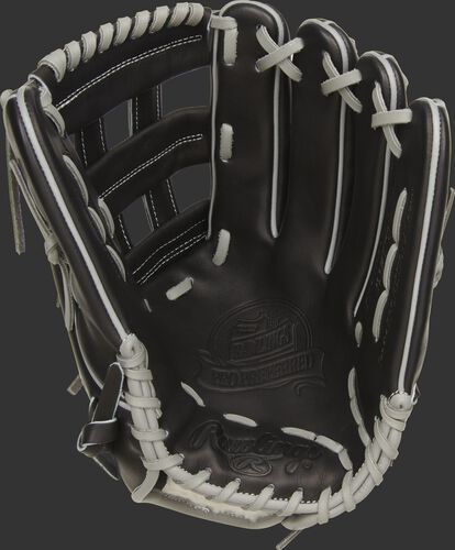 Black palm of a Rawlings Kevin Kiermaier glove with a black web and grey laces - SKU: PROS3039-KK39
