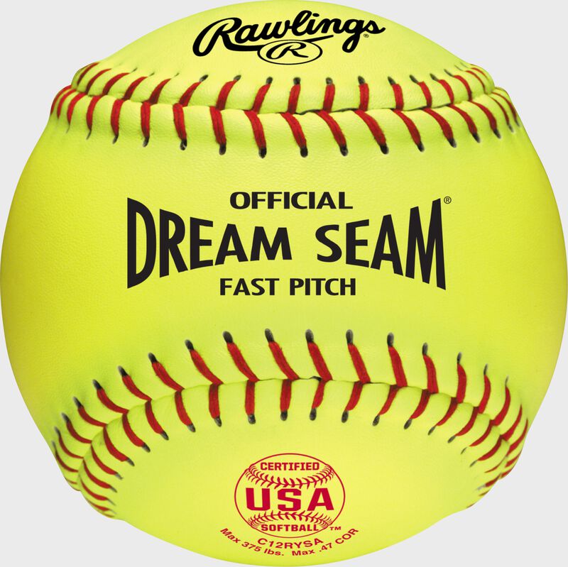 A yellow C12RYSA USA NFHS Official 12" Dream Seam softball with red stitching