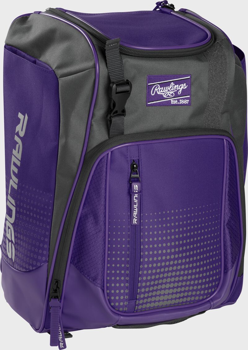 Front left angle of a purple Rawlings Franchise bag with gray accents - SKU: FRANBP-PU