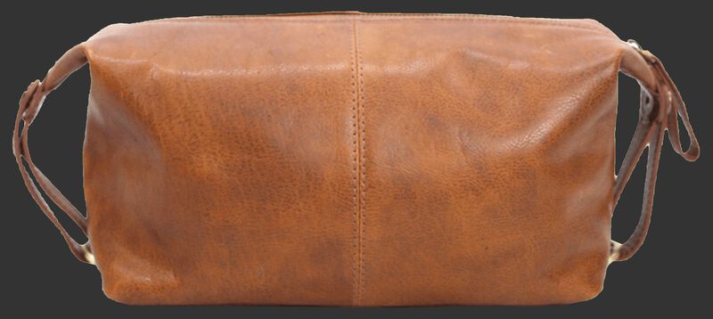 Back of a tan Rawlings Rugged leather travel kit with straps on both sides - V625-202