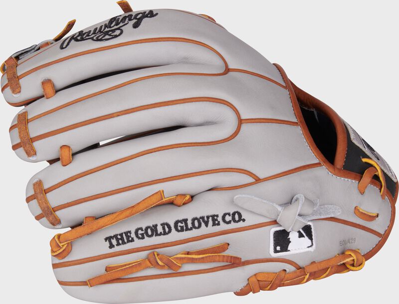 Gray back of a Heart of the Hide ContoUR Fit infield glove with the MLB logo on the pinky