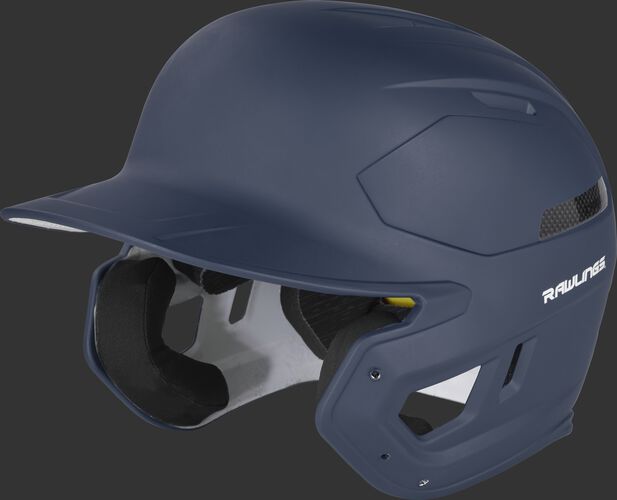 Left angle view of a matte navy CAR07A MACH Carbon high school/college batting helmet