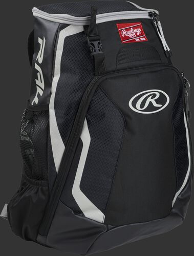 Right side of a black R500 Rawlings Players equipment backpack with white trim