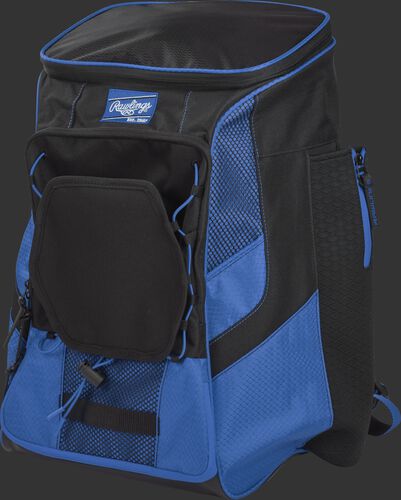 Front left of a royal/black R600 Rawlings backpack without bats