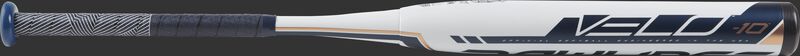 Barrel of a white FP9V10 2019 Velo high school/college softball bat with navy/rose gold accents