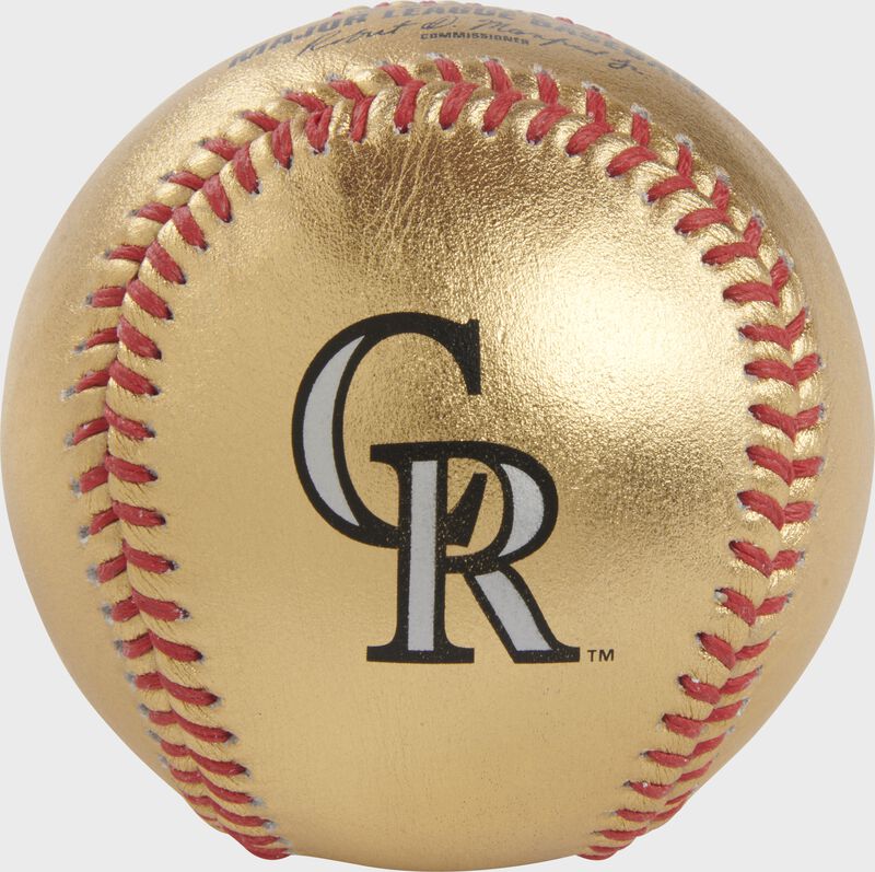 Rockies logo on a gold MLB baseball with red stitches - SKU: RSGEA-GOLDCOL-R